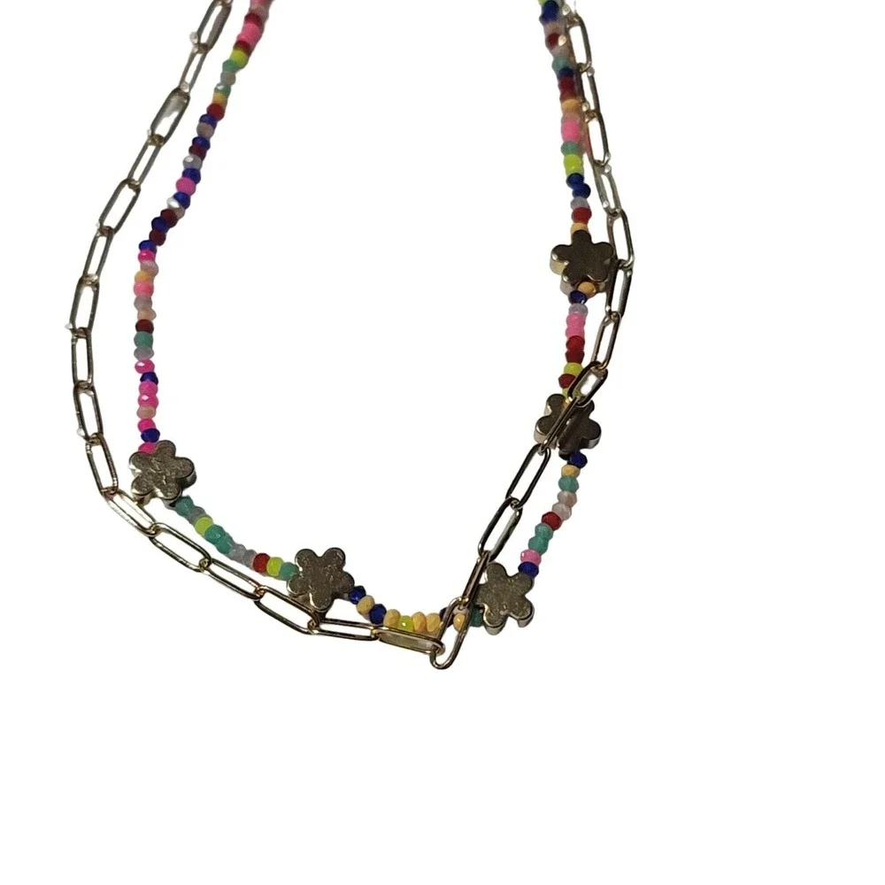 BP Beaded Paperclip Chain Necklace‎ Double Layer Gold Tone Flower